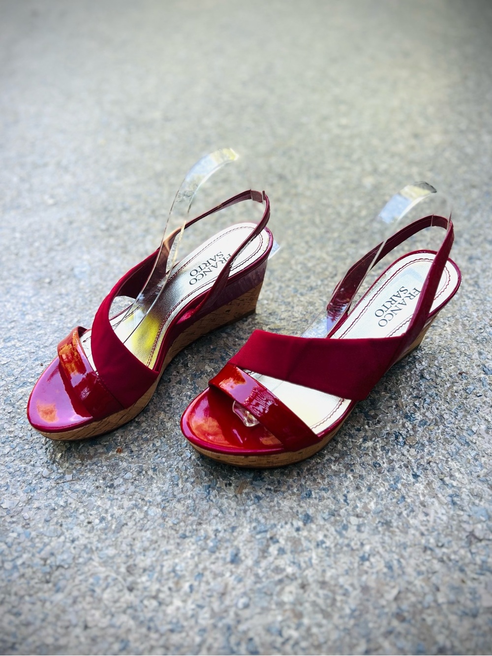 FRANCO SARTA Red Patent Leather & Canvas Slingback Wedges-size 7